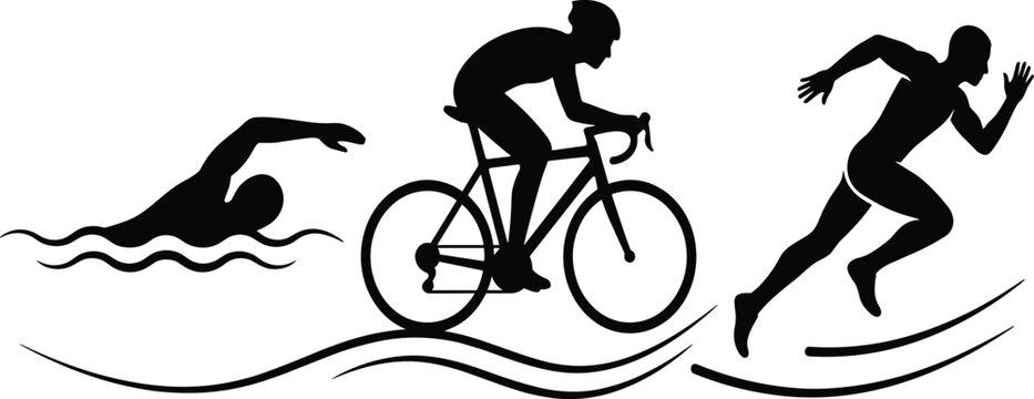 Triathlon Sports Vector Illustration Featuring Swimming, Cycling, and Running Athlete Silhouettes for Multisport Event Championship and Endurance Training Designs