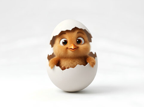 Cute fluffy baby chick hatching from a white egg shell 3D art