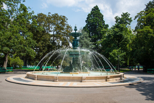 Fountain in a park in city of Geneva in Switzerland