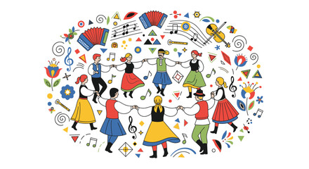 Fototapeta premium Vibrant folk dancers in traditional clothing circle illustration