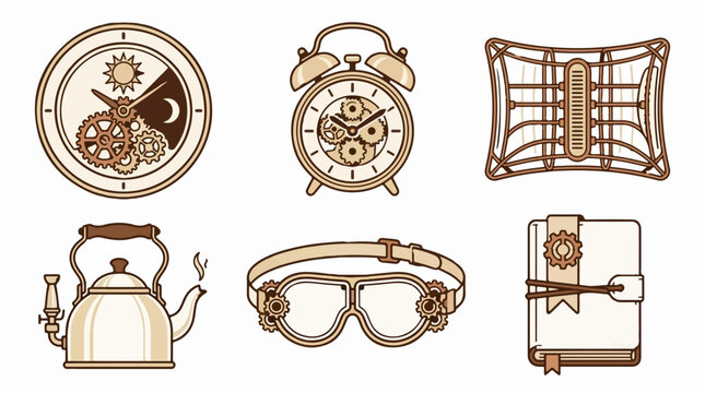 Steampunk style vector icon set featuring clockwork mechanisms and vintage accessories including a kettle goggles and a journal on white background