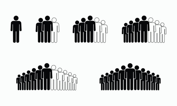 Various black and white icons representing diverse groups of people, from a single individual to large crowds, illustrating concepts of community and population.