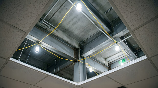 Industrial open ceiling construction with steel I-beams and concrete | Temporary work lighting with yellow cables in commercial building | Architectural renovation and infrastructure