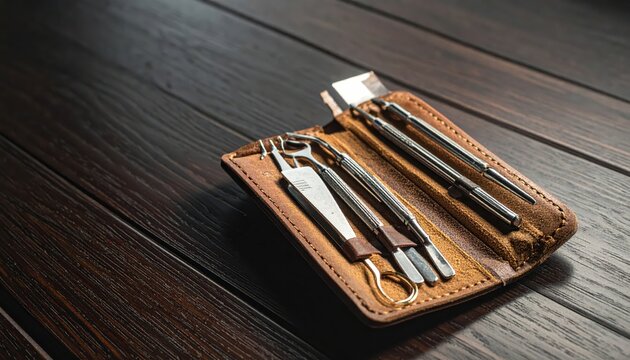 A Neat Set of Lock Picking Tools Laid Out in a Leather Case on a Dark Wooden Surface