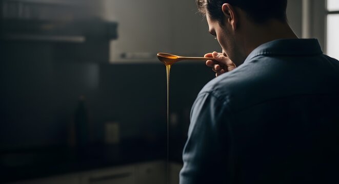 Man tasting honey from a spoon in a kitchen.