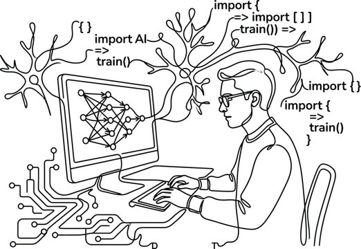 Man coding AI neural network on computer, artificial intelligence development