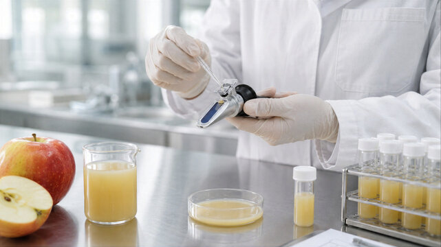 Scientist using refractometer to measure sugar concentration in apple juice. Food quality control testing in laboratory. Analysis of fruit liquid for safety and nutritional value assessment.