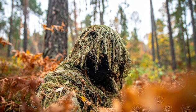 A person wearing a detailed ghillie suit for ultimate camouflage in a dense forest setting during autumn