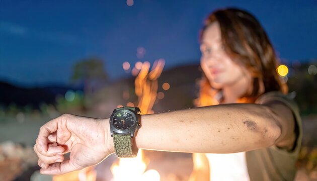 A person wearing a military-style watch with a durable strap, illuminated by firelight outdoors at night.