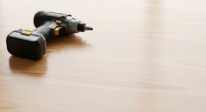 Cordless power drill resting on a light wood floor background.