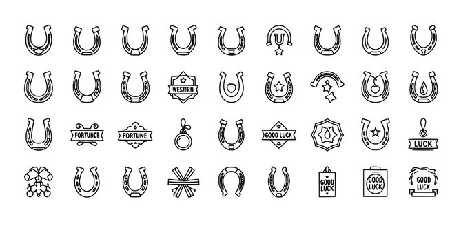Linear horseshoe icon collection with lucky fortune and charm symbols vector illustration