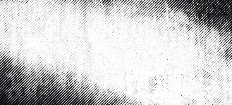 Abstract vector  monochrome line halftone vignette with tilted light center. Textured background with diagonal hatching and grunge effect.