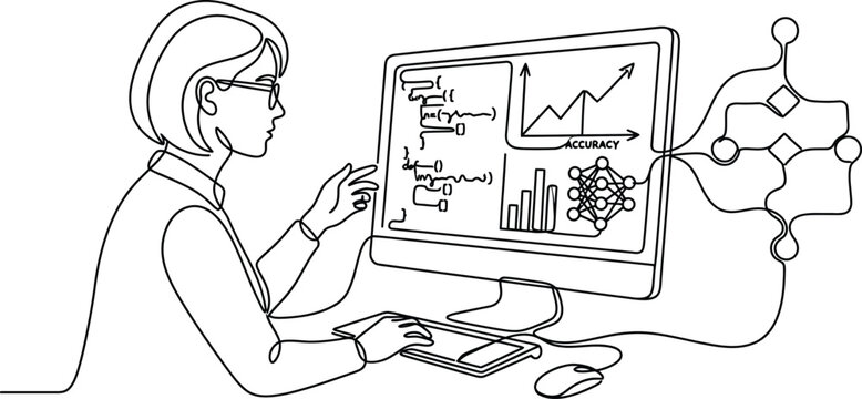 Woman analyzing data on computer screen, with charts and neural network