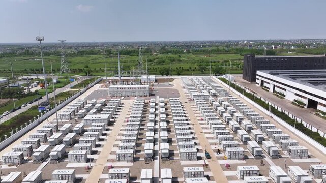 Aerial view of large energy storage power station with white container equipment