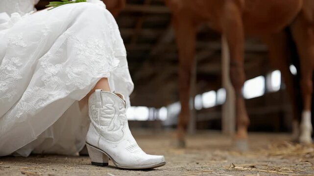 Tracking shot of bride wearing white cowboy boots lifting dress while seated beside horse legs in rustic barn aisle