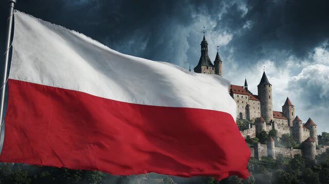 Polish flag waving in front of castle