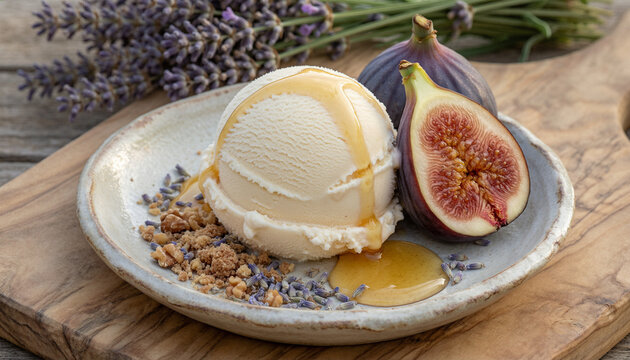 Vanilla Ice Cream Scoop with Fresh Figs Honey and Granola Gourmet Rustic Dessert
