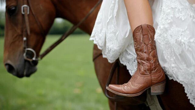 Tracking shot of bride wearing cowboy boots riding horse in grassy pasture outdoors during daytime wedding