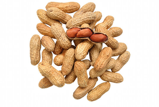 Pile of Roasted Peanuts with One Open Shell Revealing Kernels
