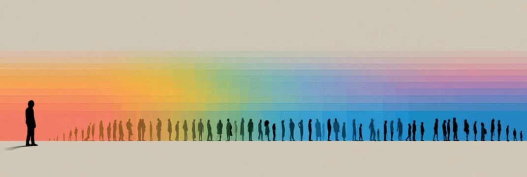Colorful horizontal band shows a range of neurodiversity with human silhouettes in various positions. The design highlights inclusion and diversity.