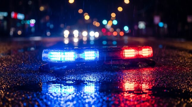 Police emergency lights reflect on a wet street during a rainy night incident.