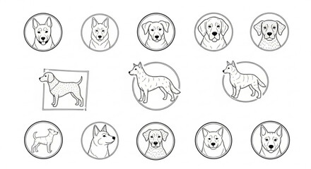 Dog Breed Portrait and Full Body Outline Icon Set in Circle Frame on White Background Vector Illustration © Prosenjit