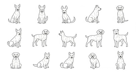 Dog Full Body Outline Illustration Set with Sitting and Standing Different Breeds on White Background Vector © Prosenjit