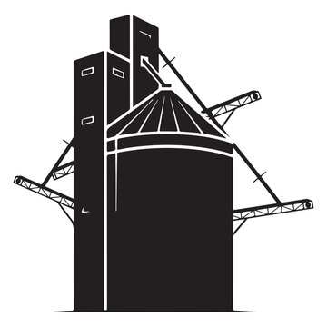 Industrial grain elevator silhouette with storage silo and conveyor system for agricultural farming and food production