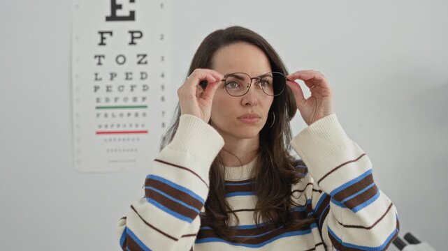 Woman adjusting eyeglasses while standing before a snellen eye chart in a medical building, wearing a striped sweater and hoop earrings; thoughtful concern vision.