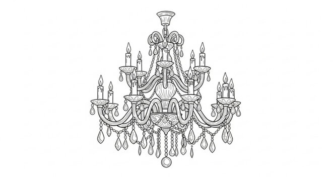 Vintage Luxury Crystal Chandelier with Candles and Hanging Drops Outline Illustration on White Background Vector