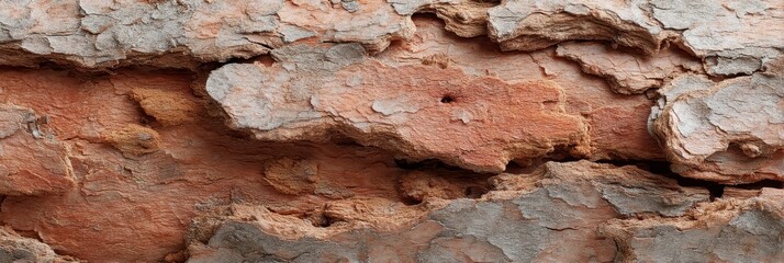Fototapeta premium Close up of rough textured tree bark showing natural cracks and organic patterns in warm brown and grey tones