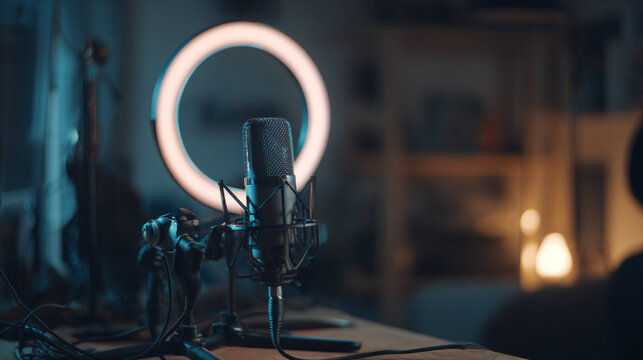 A professional audio setup with a glowing microphone and ring light, ideal for podcasts and broadcasting. The serene environment enhances focus and creativity for content creators.