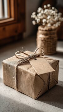 Brown box with a string tied around it
