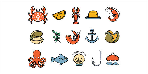 Fototapeta premium Colorful sea food icons set with crab fish shrimp and shellfish isolated on white