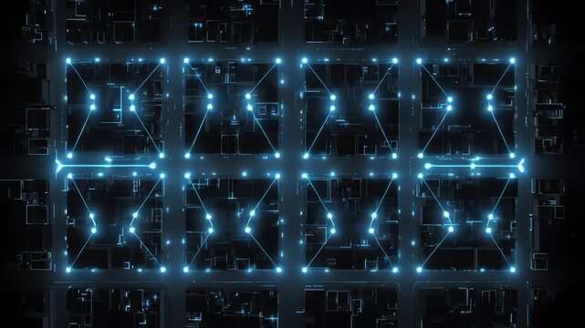 Futuristic neon grid pattern with glowing blue lines representing urban infrastructure and city planning