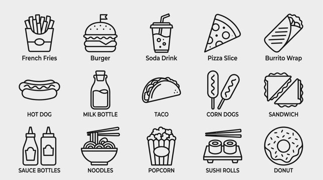 A collection of fast food and beverage icons, including burgers, pizza, drinks, and snacks, perfect for culinary themes