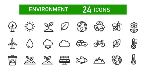 Fototapeta premium Environment and ecology line icon set 24 green energy and nature vector symbols