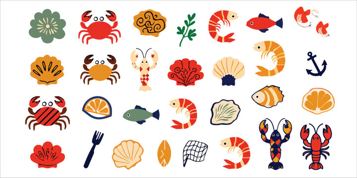 Colorful seafood icons including fish shrimp crab and shellfish with kitchen utensils  seafood icons