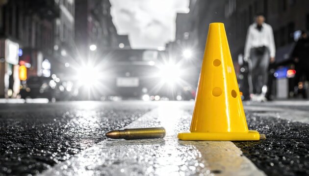 A yellow evidence cone marks a spent bullet casing on a wet city street at night.