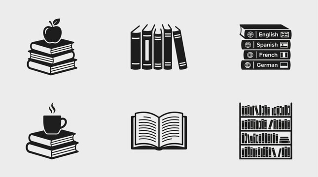 Collection of six black and white icons depicting books, a cup of coffee, and an apple on a stack of books