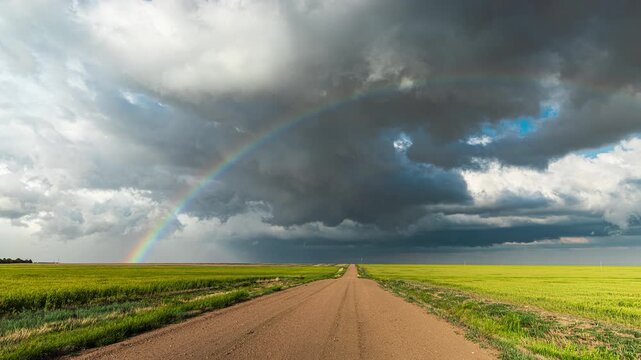 Storm Rear Flank With Cumulus Rainbow Over Dirt Road Timelapse