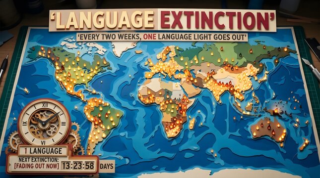 A handcrafted paper world map serves as a poignant visual metaphor for global language extinction, where flickering lights represent dying tongues as a clock marks the loss of heritage.