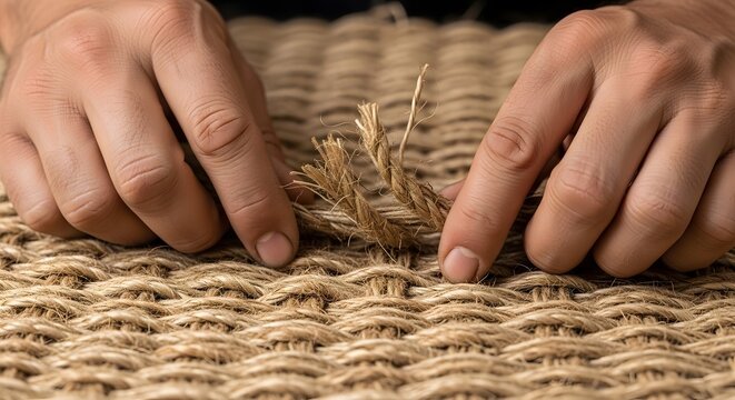 Close-up of hands weaving natural fibers into a textured surface.