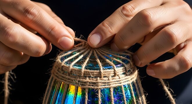 Close-up of hands weaving natural twine around a glass jar.
