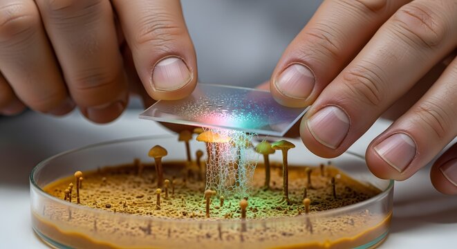 Close-up of scientist examining colorful microscopic organisms in petri dish under laboratory light.