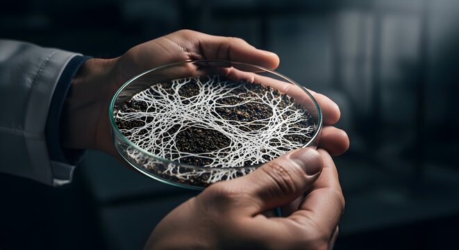 Close-up of Mycelium Network in Petri Dish Held by Scientist.
