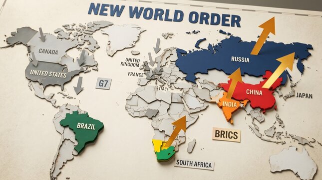 Golden arrows of economic ascendancy rise from the vibrant colors of BRICS nations on a world map, illustrating a profound shift in global power away from traditional G7 economies.