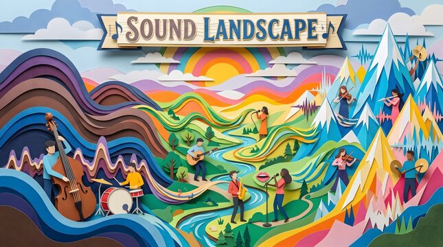 A vibrant paper-cut symphony where rolling hills and flowing rivers transform into melodic waves, illustrating the profound harmony between musical performance and the natural world.