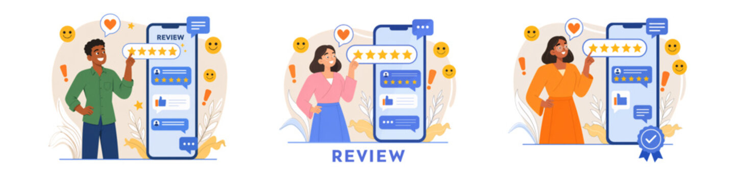Set of 3 flat illustrations of diverse male and female characters, Black man, woman in pink, and South Asian woman in orange, pointing at 5-star customer reviews on mobile phone screens surrounded