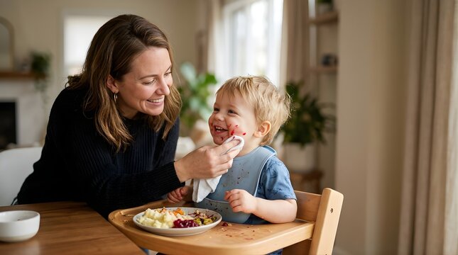 Happy Mother Cleaning Toddler Face During Holiday Meal in Bright Dining Room